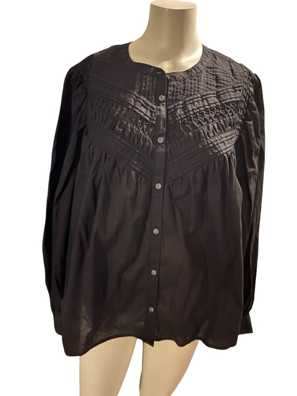 Time and Tru Black Smocked Pintuck Button-Front Blouse